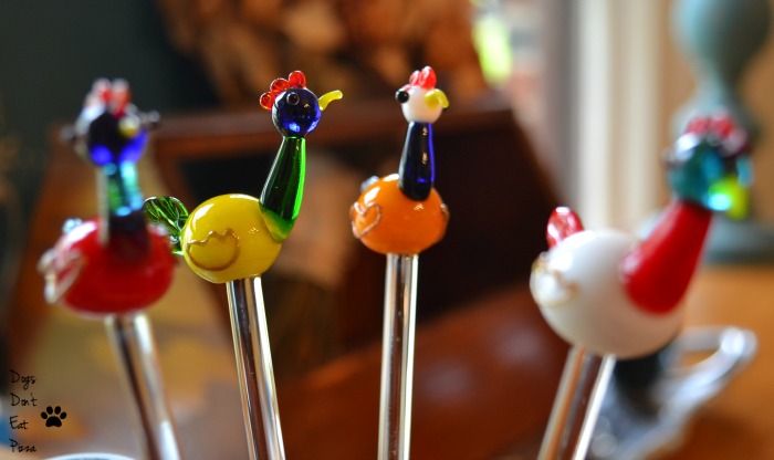 Thrift store bird drink stirrers as part of creating a bar - thediybungalow.com