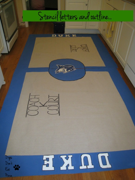 letters stenciled and outlined - dropcloth curtain - Dogs Don't Eat Pizza