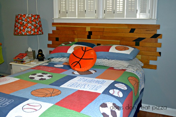 Turn a salvaged gym floor into a headboard - Earth Day Projects - thediybungalow.com