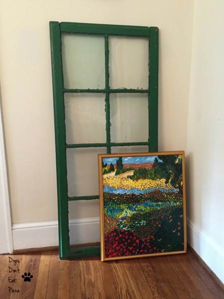 window as backdrop for art - five uses for old windows - Dogs Don't Eat Pizza