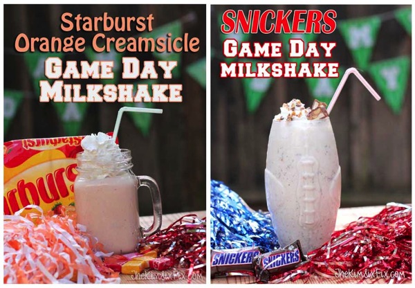Candy-Milkshakes-with-Snickers-and-Starburst - party ideas for the big game - thediybungalow.com