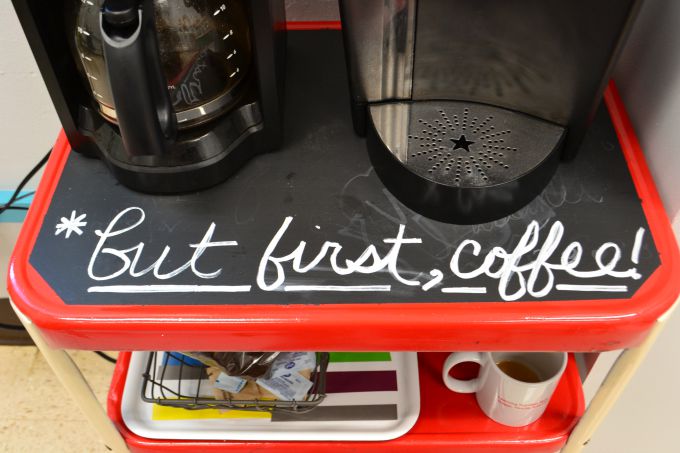 You must have coffee in a teachers' lounge so we added this cute cart in the teachers' lounge renovation - thediybungalow.com