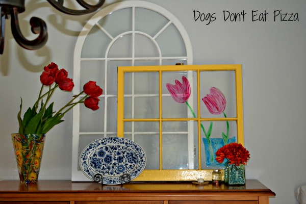 painted tulips on window - five uses for old windows - Dogs Don't Eat Pizza