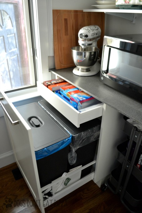 Trash and recycling cabinet in renovated pantry - thediybungalow.com