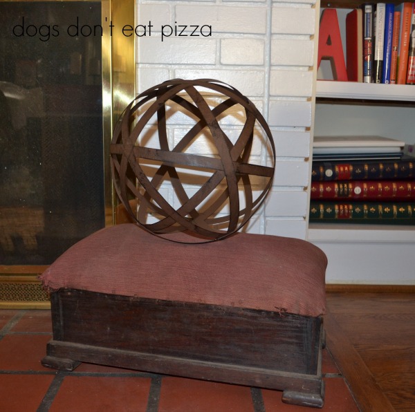 Vintage footstool and bronze orb in the living room in the 1929 House - thediybungalow.com
