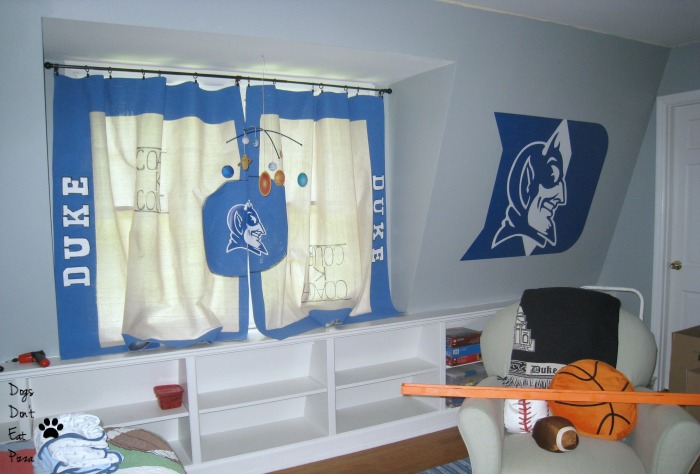 dropcloth curtains in a Duke-themed room - Dogs Don't Eat Pizza