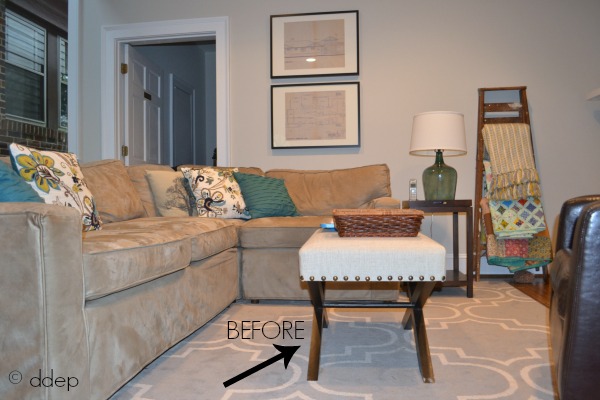 Ottoman as coffee table before - from crate to coffee table - thediybungalow.com
