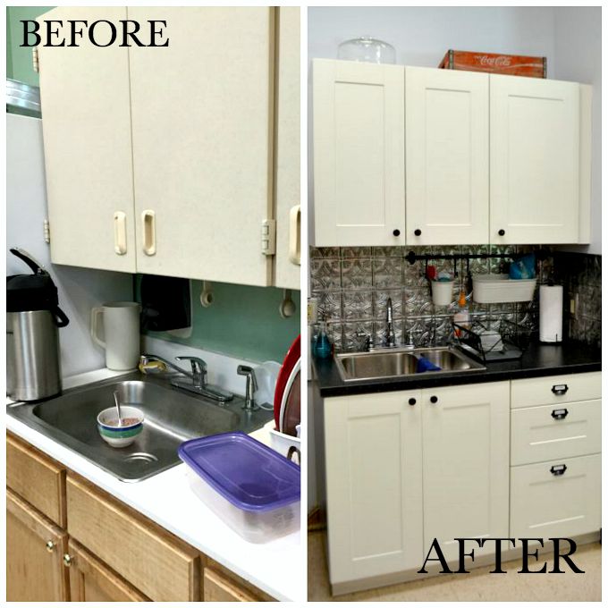 Cabinets and sink area before and after the teachers' lounge renovation - thediybungalow.com