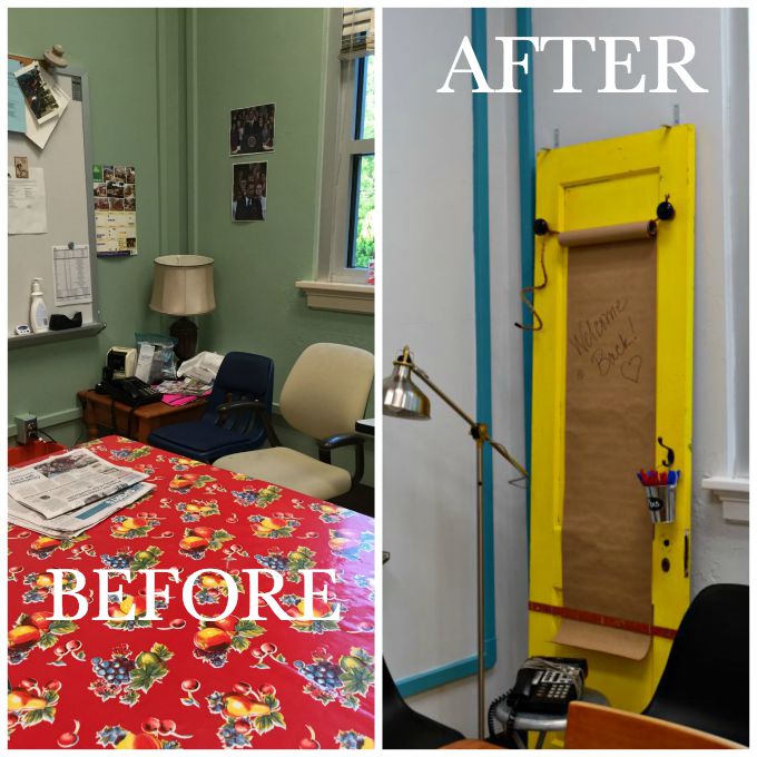 Telephone and message area before and after the teachers' lounge renovation - thediybungalow.com