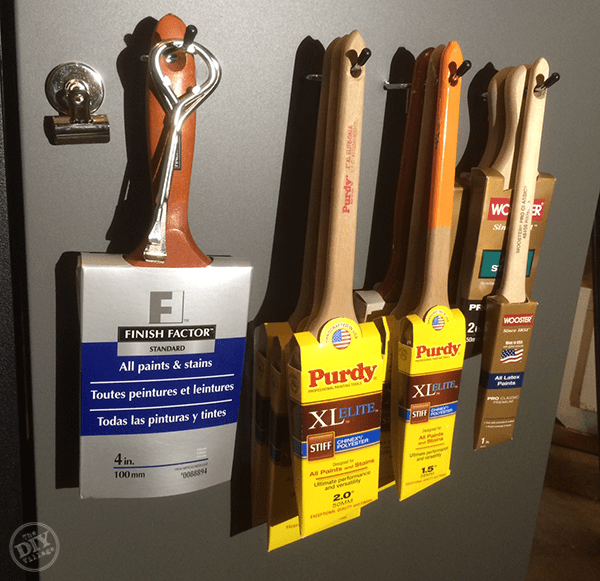 The DIY Village Paint brush storage on side of paint cabinet - tool storage shed inspiration - thediybungalow.com