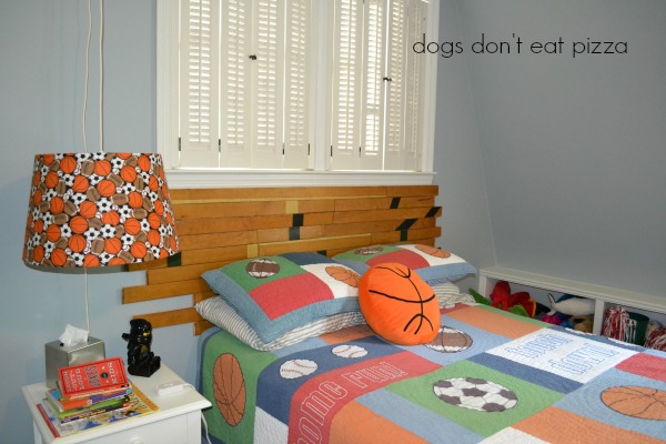 Finished DIY Headboard from Old Gym Floor - thediybungalow.com