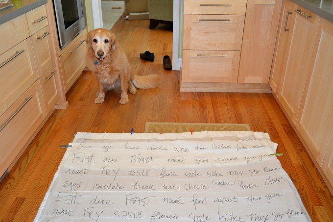 Hank helping make DIY custom curtains with Sharpie - thediybungalow.com