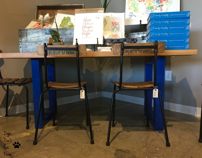 Public school chairs with table with blue legs - thediybungalow.com