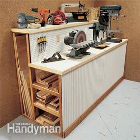 Workbench with built-in wood storage - tool storage shed inspiration - thediybungalow.com