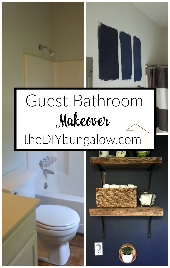 This guest bathroom went from beige and blah to navy and wow! Check out the guest bathroom makeover reveal here - thediybungalow.com