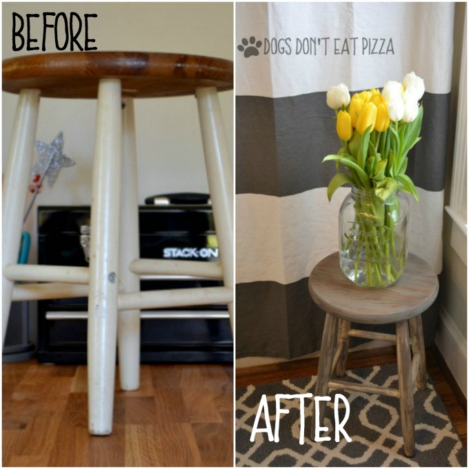 before and after farmhouse stool - Rust-Oleum 10 dollar thrift store challenge - thediybungalow.com