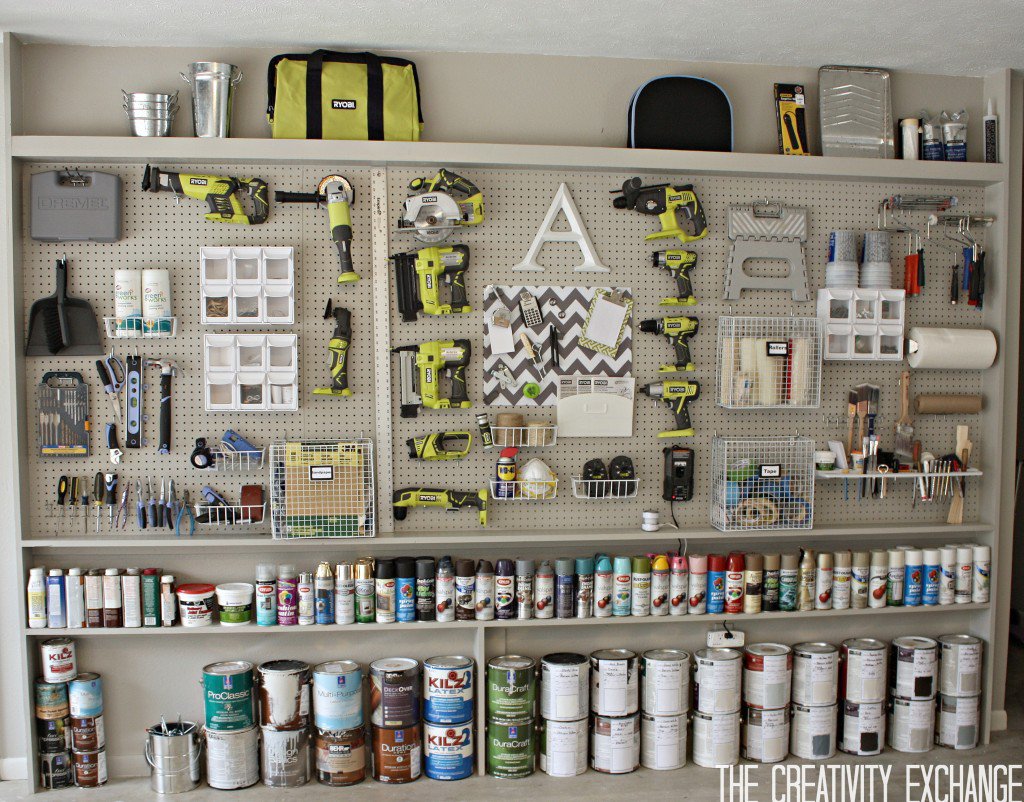 The Creativity Exchange DIY-Garage-Pegboard-Storage-Wall - tool storage shed inspiration - thediybungalow.com